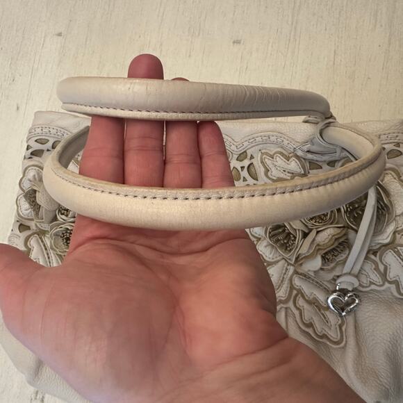 Brighton 3D Floral Appliqué Cream Soft Supple Leather Shoulder Handbag Purse - Picture 9 of 12